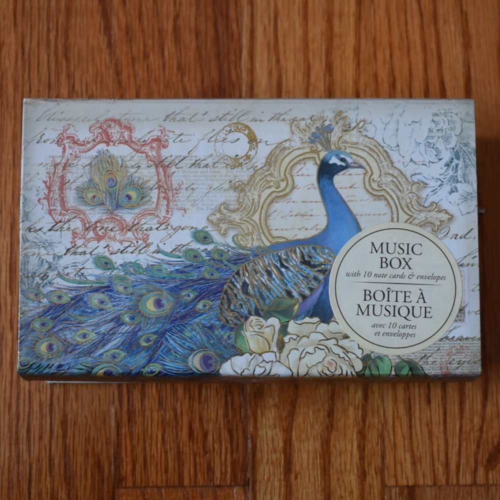 Punch Studio Music Box with Peacock Design and 10 Note Cards and Envelopes